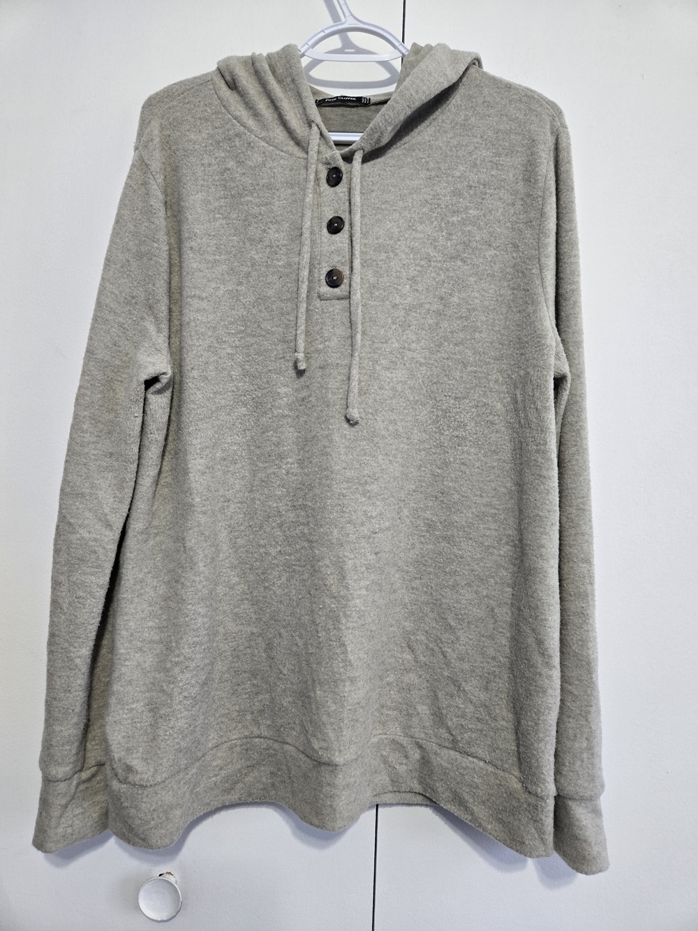 Pink Clover Hoodie XL Neutral Taupe Soft Knit Button Neck Pullover Cozy Casual